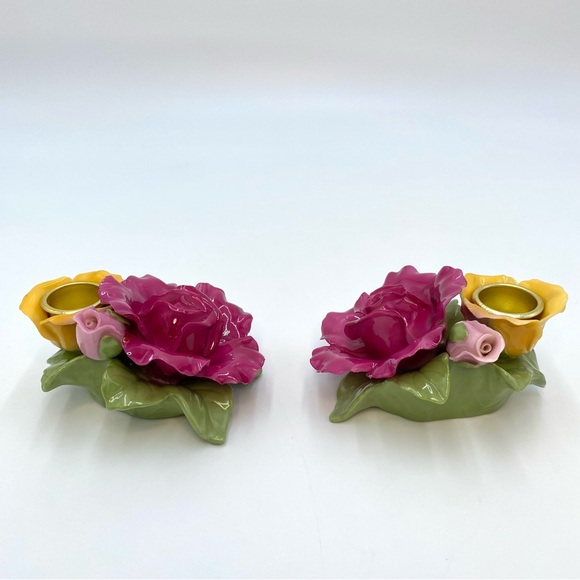Set of 2 Royal Albert Old Country Roses Pink Yellow Sculpted Taper Candle Holder - Picture 6 of 16